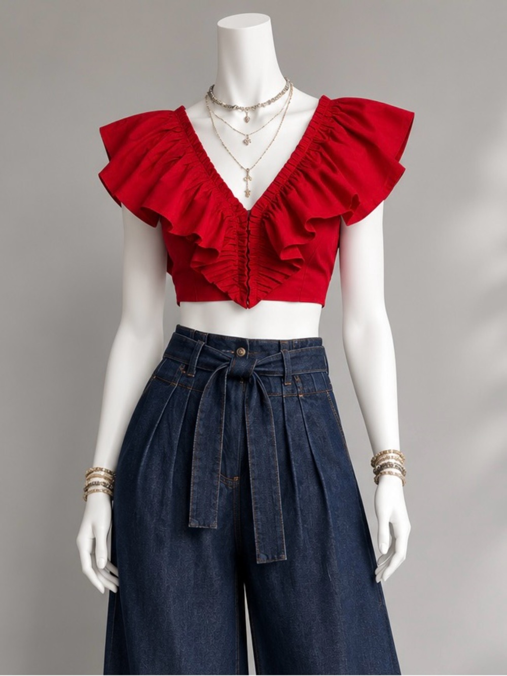 Iorane Red Ruffled Crop Top and White Shorts Set